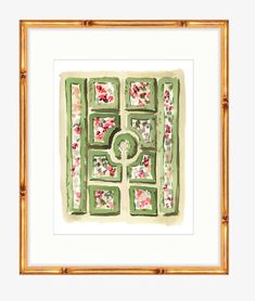 a painting with green and pink flowers on the inside, framed in gold frame over white background