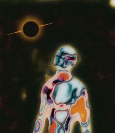 an abstract painting of a man standing in front of the sun with his hands on his hips