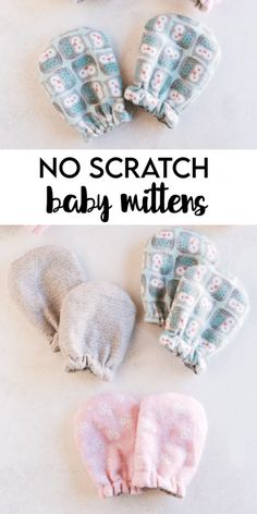 three baby mitts are shown with the words no scratch baby mittens on them