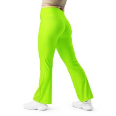 Designed to enhance your figure, these trendy leggings feature a high waist and a butt-lifting cut. The flared leg bottoms add a touch of style and make the leggings comfortable. Wear them on a walk, to the gym, or style them up with a bomber jacket or hoodie. * 74% recycled polyester, 26% elastane * Soft and stretchy premium quality fabric with a mild compression feel * Moisture-wicking fabric * UPF 50+ protection * High-waisted with a butt-lifting cut * Flared design from the knee down * Double-layered waistband with a pocket on the inside * The fabric is OEKO-TEX 100 standard certified Disclaimer: If body measurements fall between sizes, size up for a comfortable fit and size down for a snug fit. Trendy Stretch Full Length Flares, Trendy Full-length Gym Pants, Trendy Full Length Gym Pants, Green Stretch Mid-rise Leggings, Green High-cut Leg Fitted Bottoms, High Stretch Flare Pants In Elastane, High Stretch Flare Pants Made Of Elastane, Green Fitted Bottoms With High-cut Leg, Green Fitted High-cut Leg Bottoms