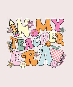 the words my mom teacher are written in different colors and designs on a pink background