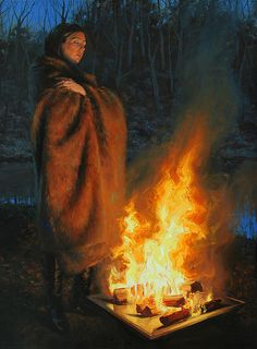 a painting of a woman standing next to a fire