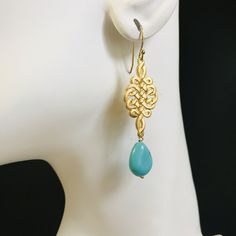 A decorative handicraft art began from the most prosperous Tang Dynasty in China, Chinese Knot is actually inspired by how Chinese inherited the civilization from the divine: They use knots as a record of their life and history when character were not developed in very ancient times. ⚜Item Specifics❀ Gold Plated Chinese Knot and Ear Wire❀ Turquoise Howlite Teardrop❀ Earring Length Measures 3.5 inch Porcelain Earrings, Red Plum, Asian Jewelry, Tang Dynasty, Chinese Knot, Event Outfit, The Oscars, Knot Earrings, Spiritual Meaning