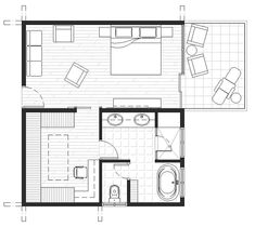 the floor plan for a small apartment with one bedroom and an attached living room area