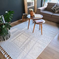 a living room with a couch, coffee table and potted plant