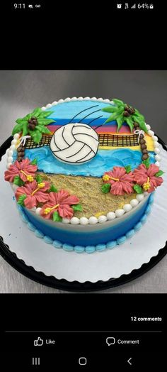 a volleyball themed cake with flowers and palm trees on the top is for someone to decorate