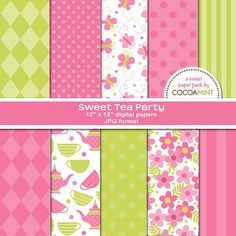 sweet tea party digital paper pack with pink, green and white flowers on the background