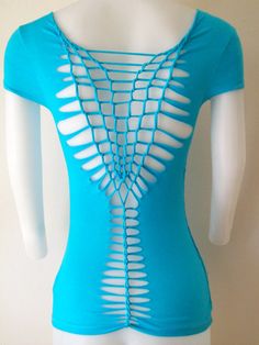 10% OFF  SEE SITE FOR DETAILS!!     Juniors / Womens Turquoise Cut Shirt  Hamsa Zen by LasciviousGrace, $48.00 Cutout Clothes, Shirt Weaving, Refashioning Clothes, Braided Shirt, Rework Clothes, Cut Shirt Designs, Shirt Upcycle, T Shirt Weaving