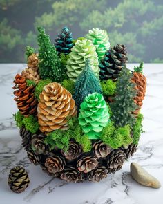 pine cones and green moss are arranged in a ball on a marble surface with rocks