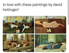 three pictures of people laying on couches in different rooms, one with paintings by david heitinger