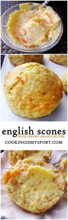 some food that is sitting on top of a white plate and in front of the words, english scone's