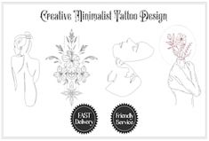 the logo for creative minimal tattoo design, which includes flowers and women's silhouettes