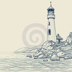 an ink drawing of a lighthouse on the rocks in the ocean with waves around it