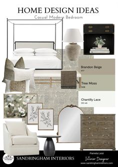 a bedroom with white furniture and decor in shades of gray, beige, and green