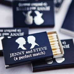 matchboxes with the names jenny and steve on them sitting next to each other