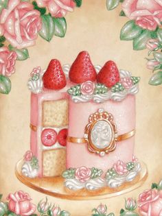 a painting of a pink cake with strawberries on top and roses around the edges