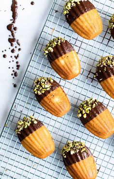 chocolate covered donuts with sprinkles and nuts on a cooling rack, ready to be eaten