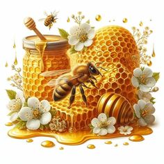 a painting of a bee and honeycomb with flowers on the side, surrounded by bees