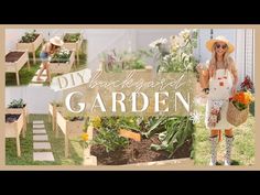 a woman standing in front of a garden with lots of flowers and plants on it