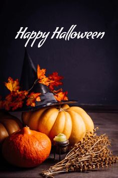 a happy halloween greeting card with pumpkins and gourds on a wooden table