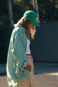 We The Free Freddie Striped Shirt Slouchy Shirt Outfit, Striped Green Shirt Outfit, Colorful Button Up Shirt Outfit, Green And White Striped Shirt Outfit, Striped T Shirt, Long Sleeve Striped Shirt Outfit, Thrifting Clothes, Striped Button Up Shirt Outfit, Green Striped Shirt Outfit