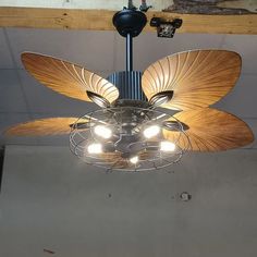 a ceiling fan with three lights on it