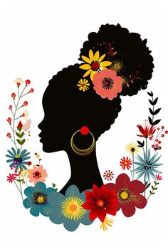 the silhouette of a woman with flowers in her hair and an ear ring on her head