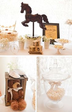 there are pictures of baby shower items on the table and in front of it is a teddy bear