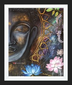 a painting of a buddha face surrounded by flowers