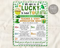 a st patrick's day poster with the words lucky to have teacher and staff appreciation week