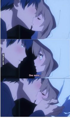 two anime characters kissing each other with the caption'one more'above them