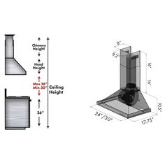 a drawing of a stove and chimney with measurements