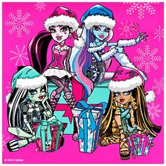 three girls dressed up in christmas clothes and hats with presents on a pink background,