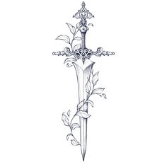 a black and white sword in a fine line tattoo style with stippled shadows Dagger Back Tattoo Women, Acotar Dagger Tattoo, Dagger Thigh Tattoos Women, Dagger With Vines Tattoo, Chest Dagger Tattoo, Dagger Sternum Tattoo Women, Fantasy Dagger Tattoo, Dagger Tattoo Sternum, Fine Line Dagger Tattoo