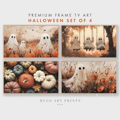 four pictures of halloween pumpkins and ghostes with the words, premium frame art halloween set of 4