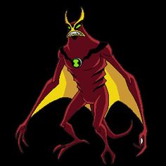 a red and yellow dragon with green eyes on it's back legs, standing in front of a black background