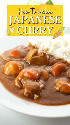 a white plate topped with rice and meat covered in gravy on top of it