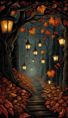 an image of a pathway with lanterns in the trees and leaves on the ground at night