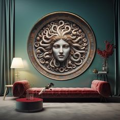 a living room scene with focus on the couch and wall decoration, including an intricately carved face