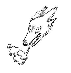 a drawing of a dog with its mouth open and tongue out, holding something in it's paws