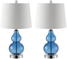 pair of blue glass table lamps with white shade