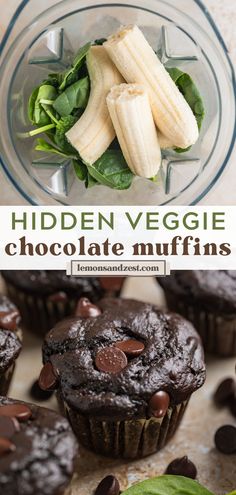 chocolate muffins with banana slices and spinach leaves in the middle are shown