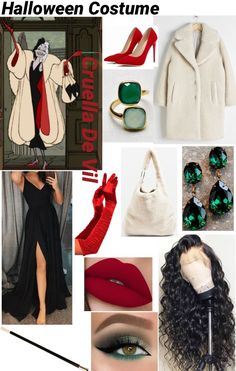 halloween costume collage with red and black accessories, green eyeshade, white coat, long sleeved sweater, high heeled shoes