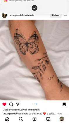 a woman's arm with a butterfly tattoo on the left side of her leg