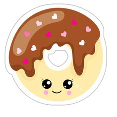 a donut with chocolate icing and hearts on it's face is shown