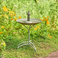 a birdbath sitting on top of a metal table in the middle of a field