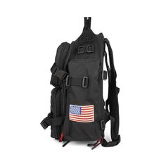 a backpack with an american flag patch on the front and back pocket, all in black