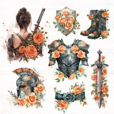 an image of some art work with flowers and armor on it's sides, including roses