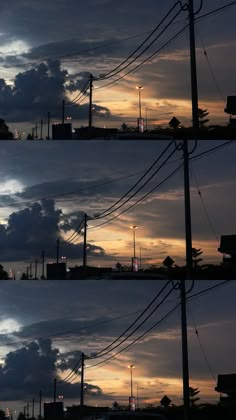 multiple shots of the sky and clouds at dusk with telephone poles in foreground, buildings on far side