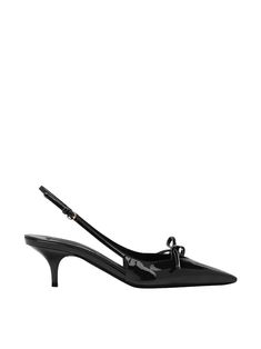 Miu Miu's Patent Bow Kitten Heels have a timeless elegance with a slingback design and patent leather finish. The shoes feature a 2.25" kitten heel and the strap is adjustable with a subtle, gold buckle. The shoes are completed with a pointed toe and a small bow to decorate. [tab] Composition: 100% Leather Size and Fit: Runs True to Size. 2.25" heel. Care Instructions: Dry Clean Only Origin: Made in Italy SKU: MIU48R15E-BLK Questions about size, fit, or how to style? The KZ team is here to help Miu Miu Kitten Heels, Heels Png, Kitten Heels Outfit, Miu Miu Heels, Heel Care, Black Kitten Heels, Heels Outfits, Leather Finish, Small Bows